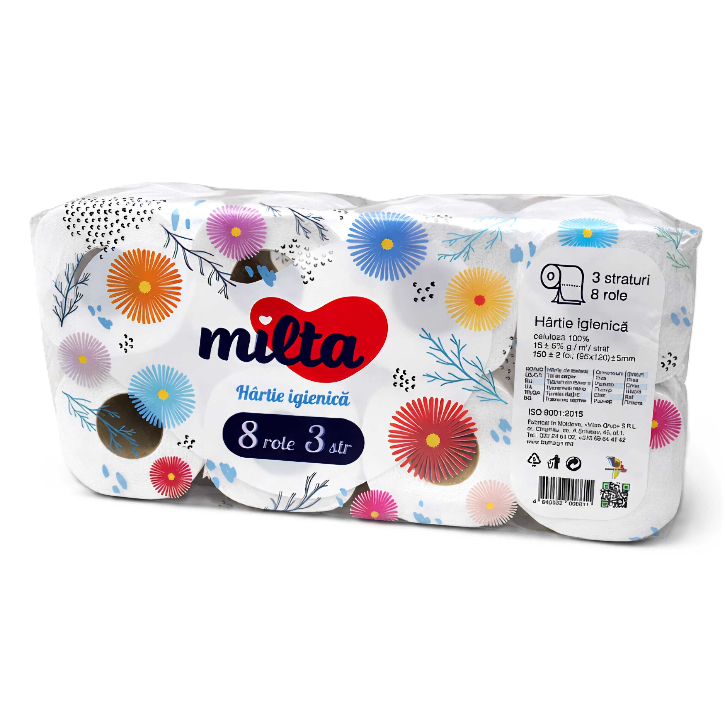 Туалетная бумага Milta, 3 слоя, 8 рулонов