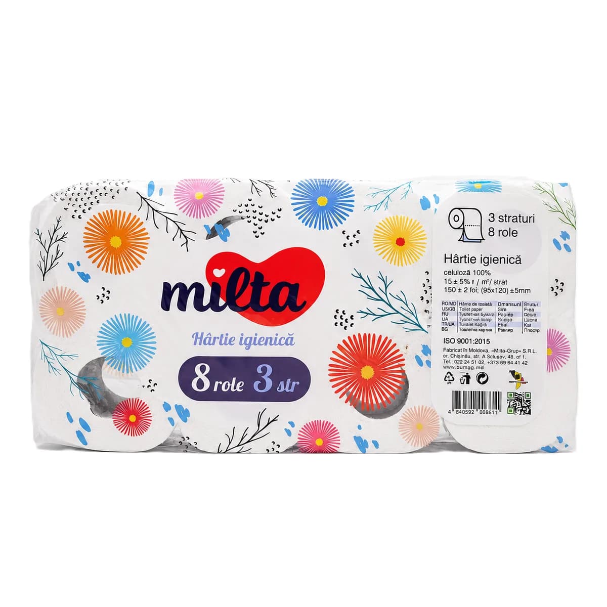 Туалетная бумага Milta, 3 слоя, 8 рулонов